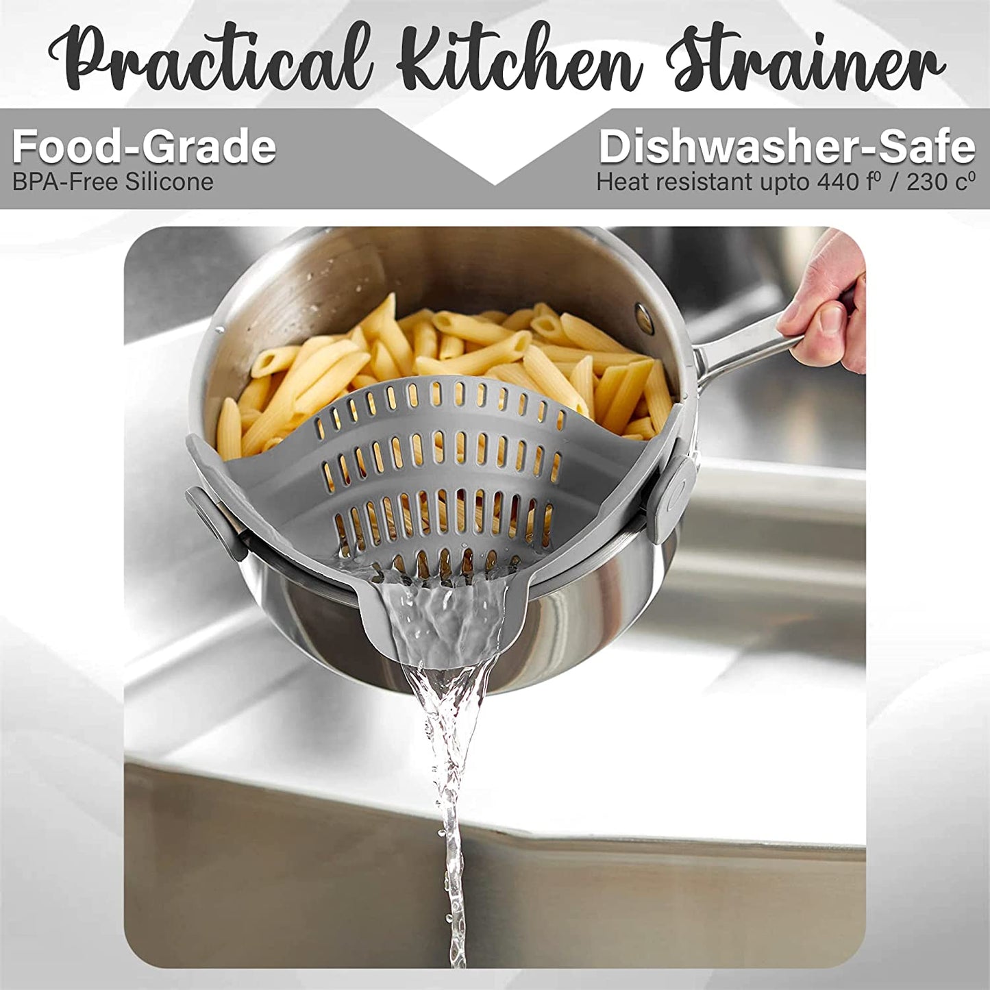 Strainer and Pasta - Adjustable Silicone Clip on for Pots, Pans, Bowls, Kitchen Gadget, Gadgets Home, Must Haves, Fits All Bowls Pots Grey 9.05''X4.92''X2.63''