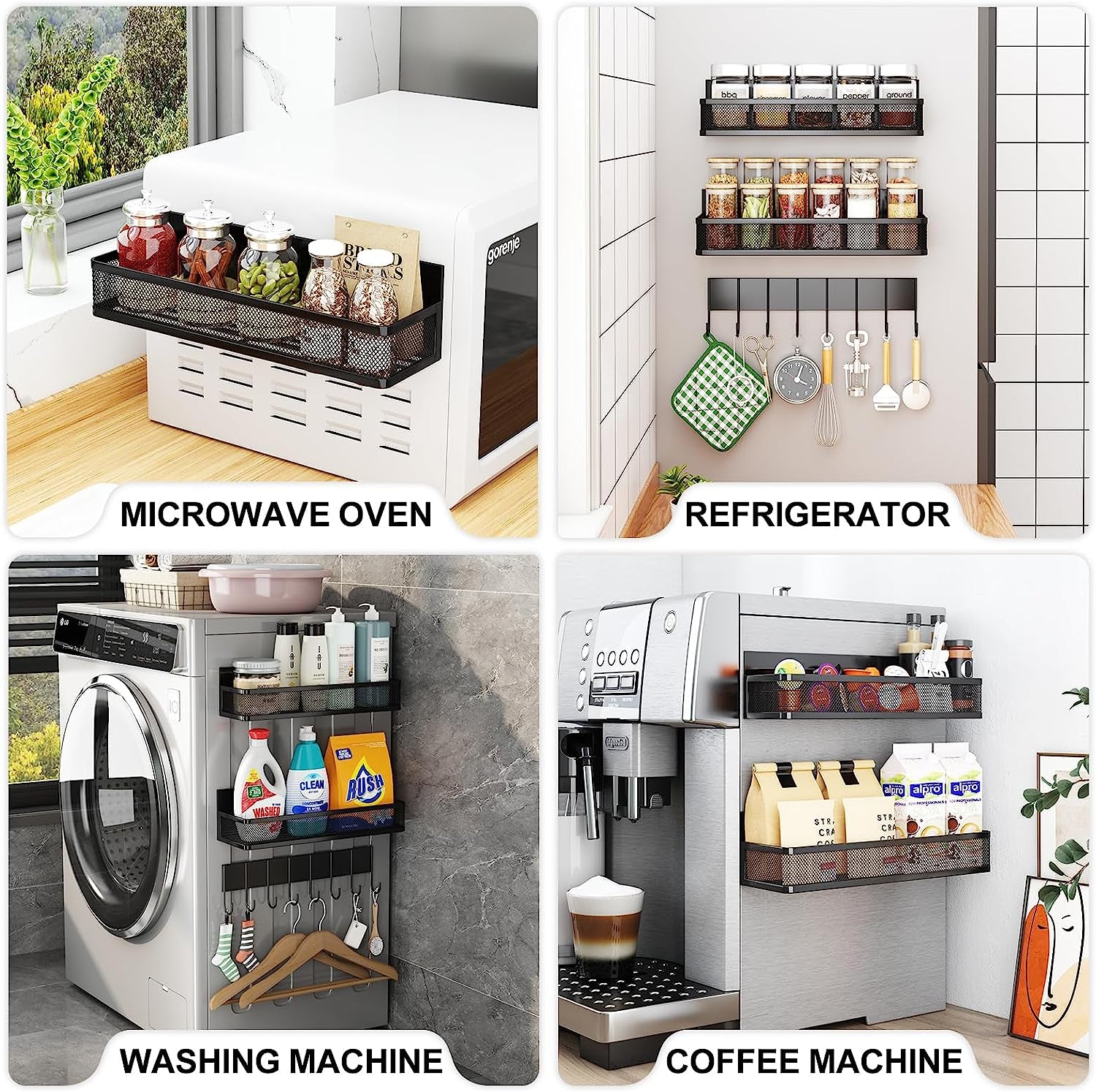 3 Pack Magnetic Shelf, Moveable Fridge Organizer with 8-Hook Rack for Kitchen