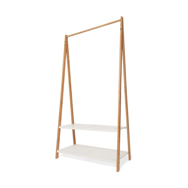 Bamboo Garment Rack with White Shelves