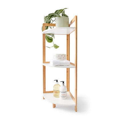 Bamboo and White 3 Tier Corner Shelf