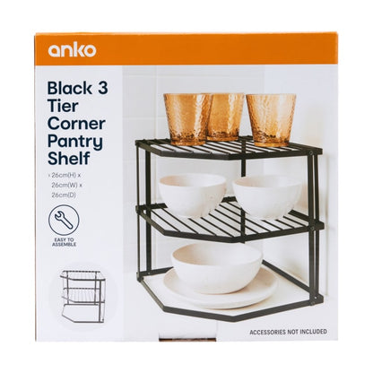 3 Tier Corner Pantry Shelf - Black