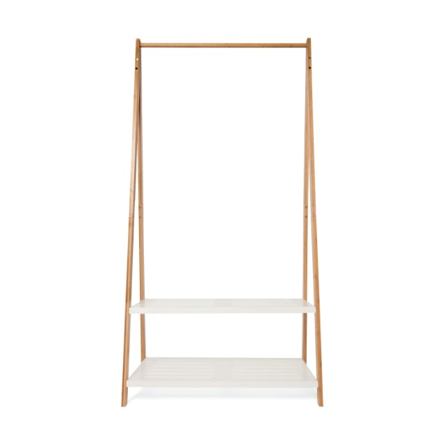 Bamboo Garment Rack with White Shelves