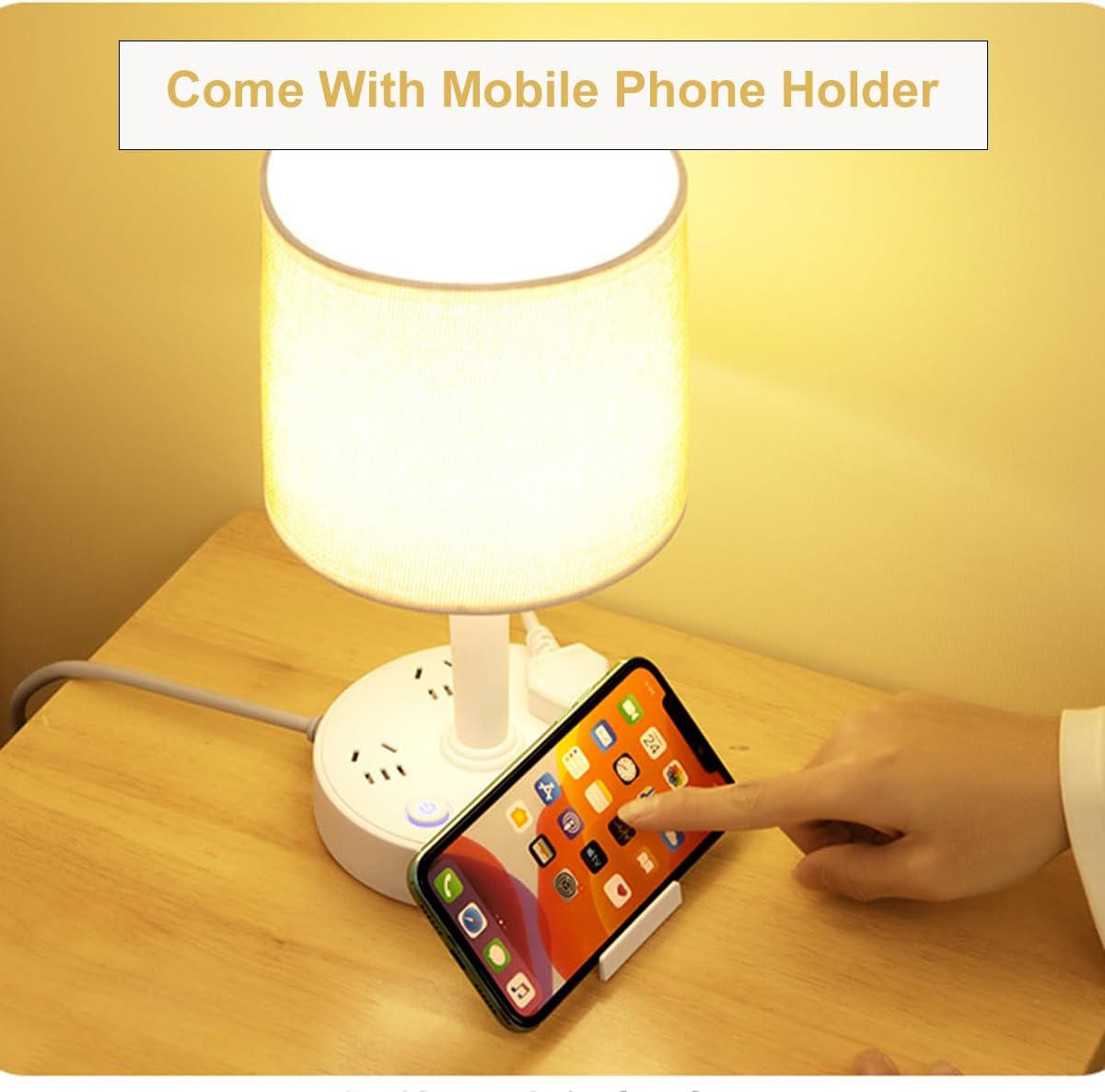 Small Bedside Table Lamp, 2 USB Port & 3 AC Outlets