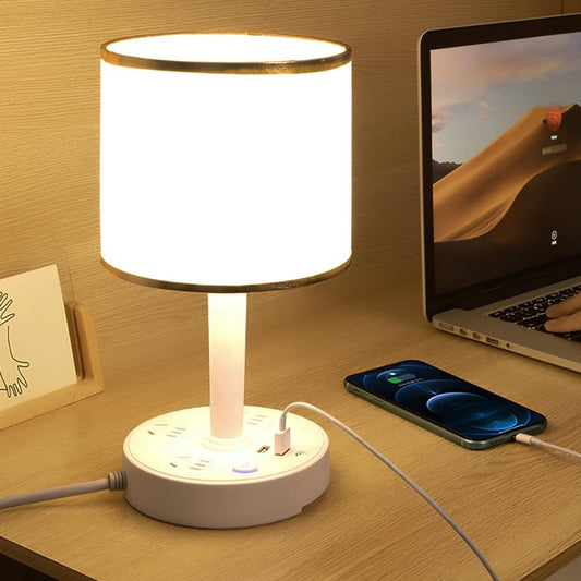 Small Bedside Table Lamp, 2 USB Port & 3 AC Outlets