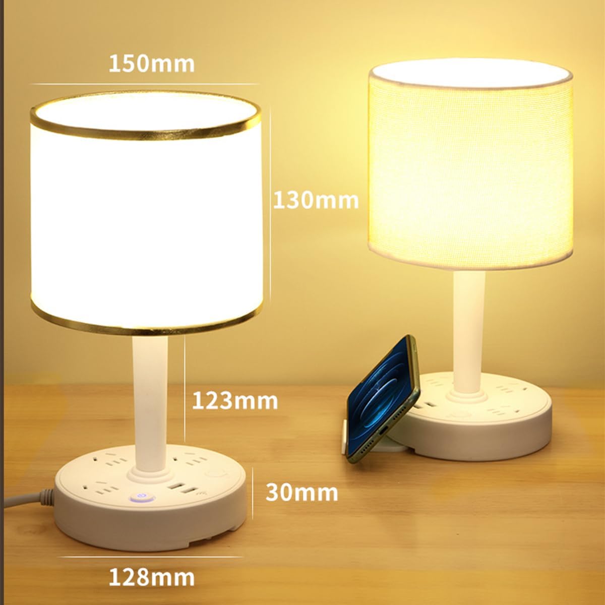 Small Bedside Table Lamp, 2 USB Port & 3 AC Outlets