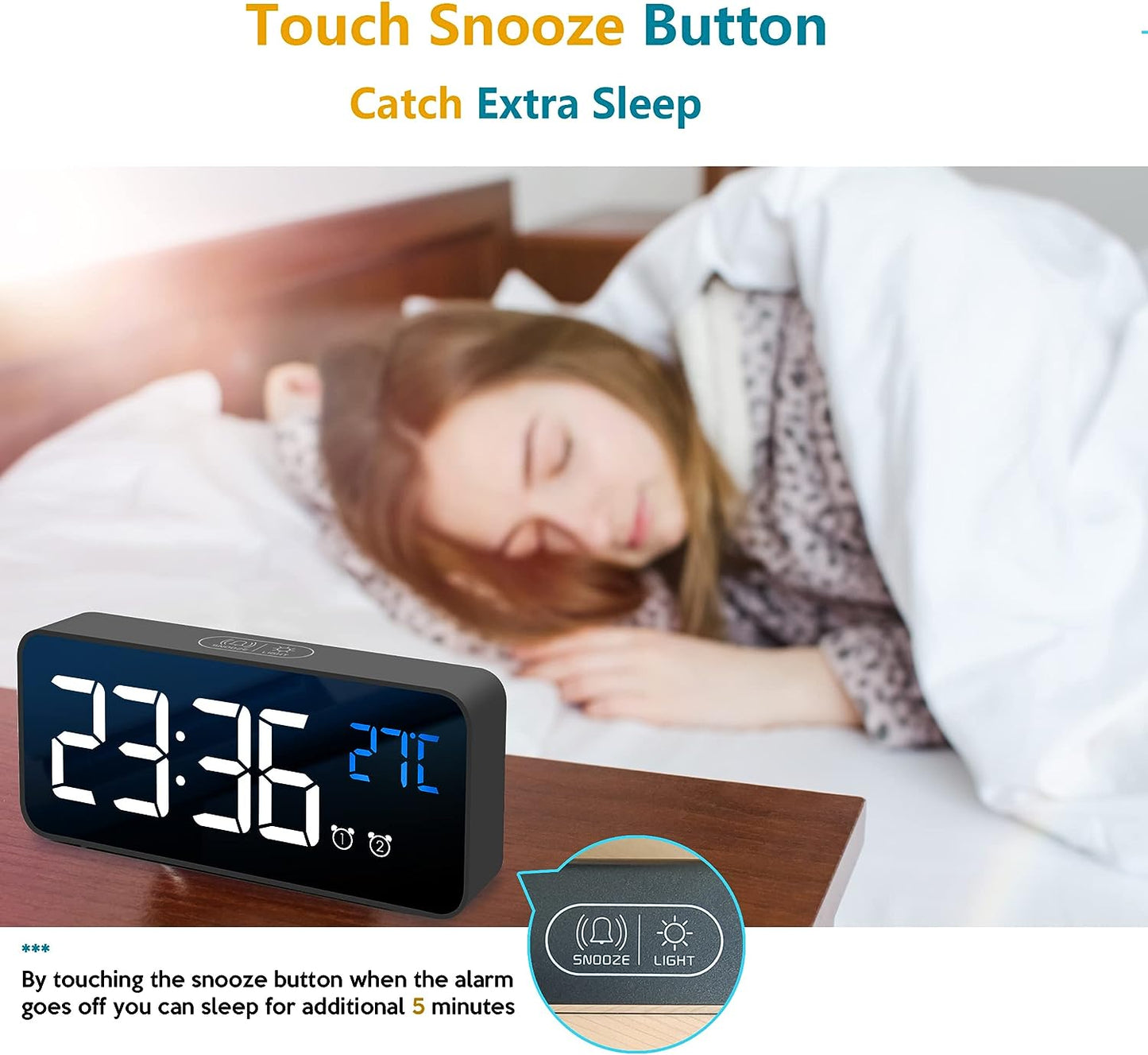 Portable Digital Alarm Clock with Large Led Temperature Display for Home and Office