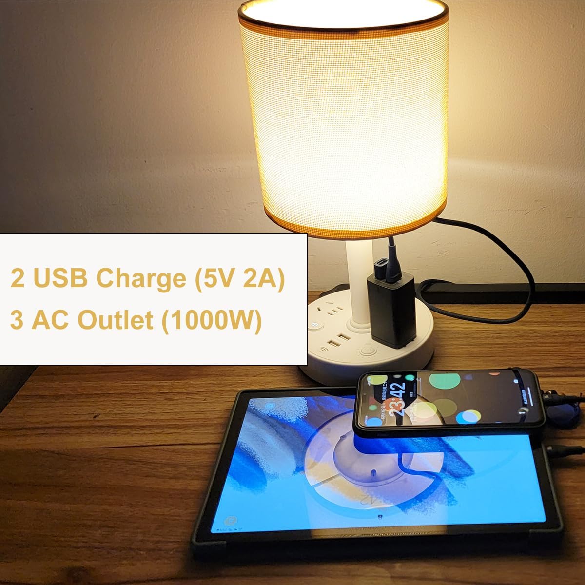 Small Bedside Table Lamp, 2 USB Port & 3 AC Outlets