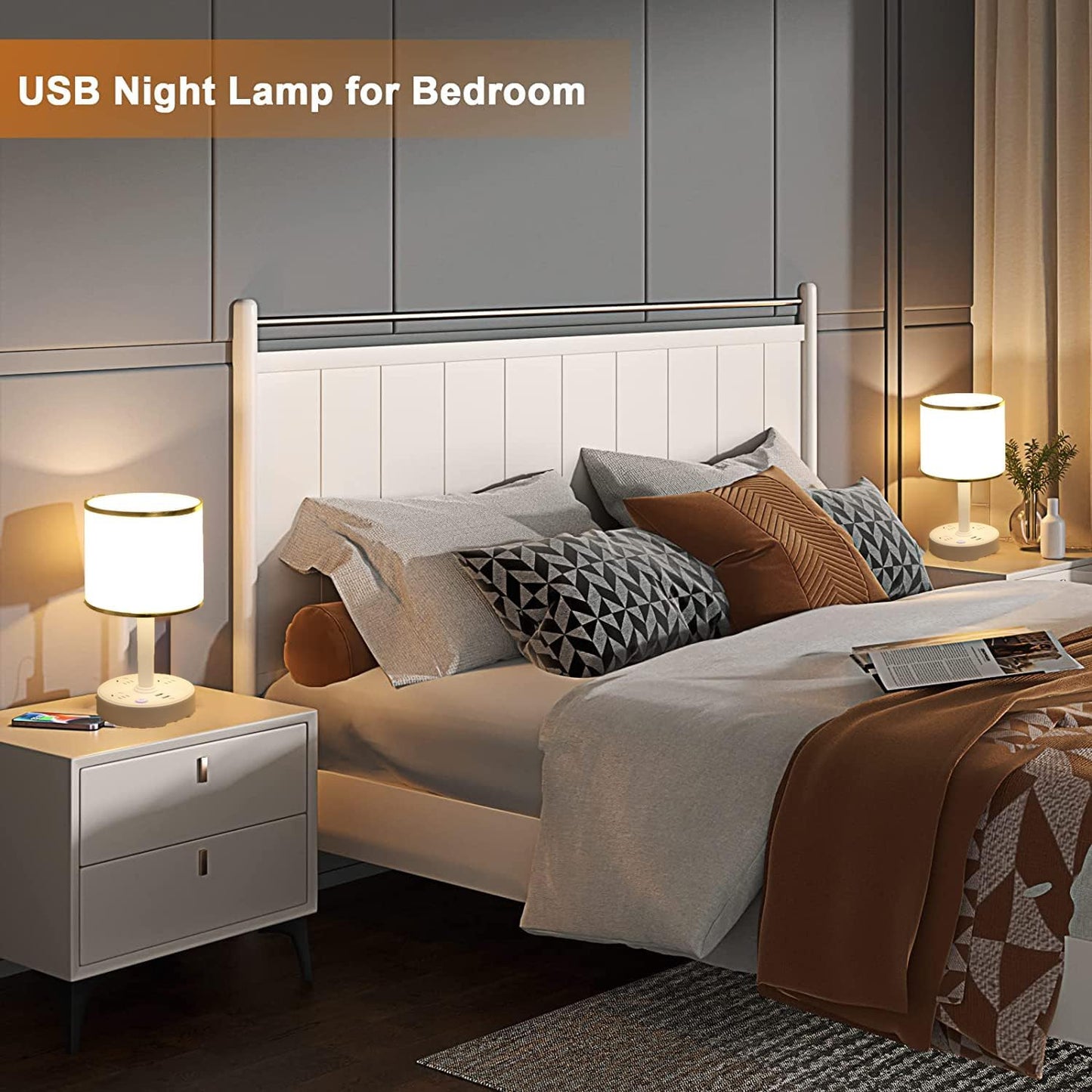 Small Bedside Table Lamp, 2 USB Port & 3 AC Outlets