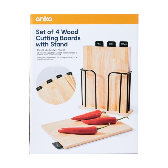 Set of 4 Wood Cutting Boards with Stand