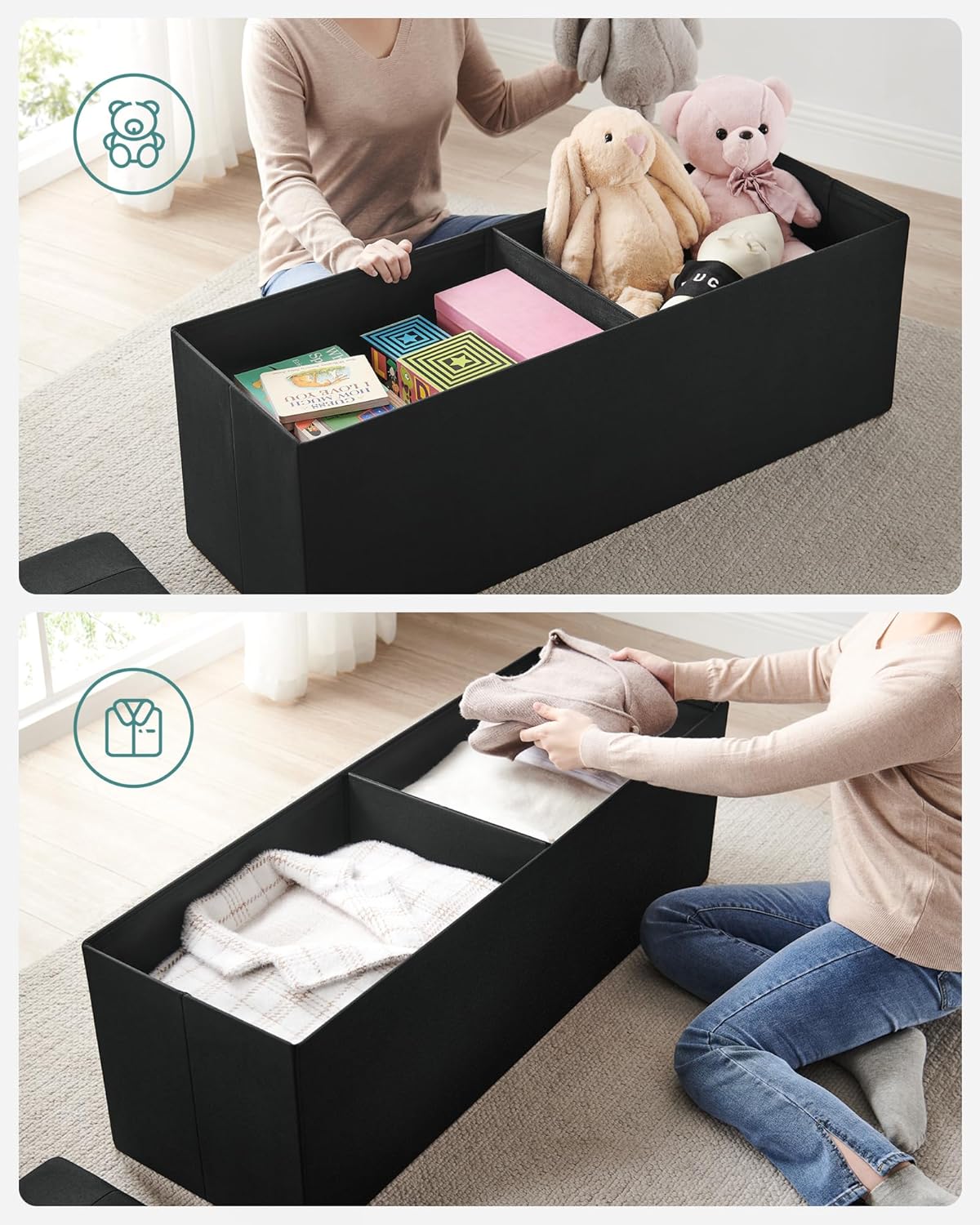 Folding Bedroom Storage Ottoman Bench with Storage - Black