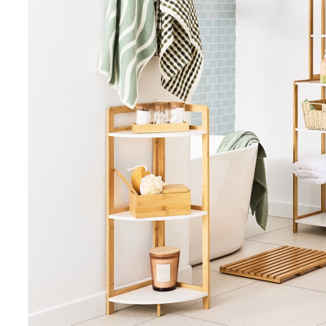 Bamboo and White 3 Tier Corner Shelf