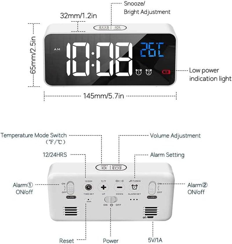 Portable Digital Alarm Clock with Large Led Temperature Display for Home and Office