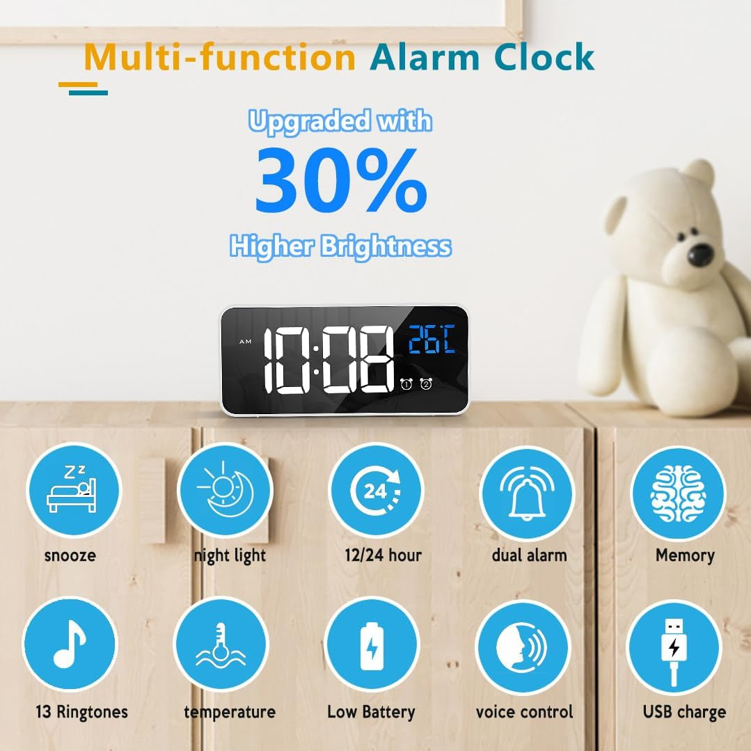 Portable Digital Alarm Clock with Large Led Temperature Display for Home and Office