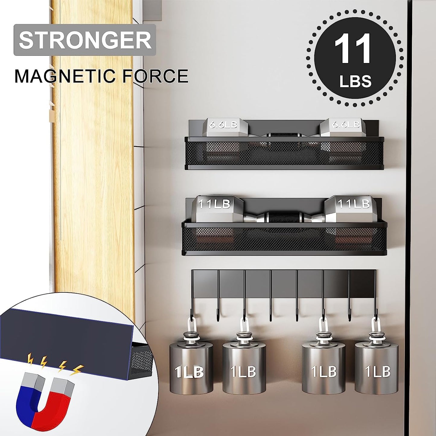 3 Pack Magnetic Shelf, Moveable Fridge Organizer with 8-Hook Rack for Kitchen