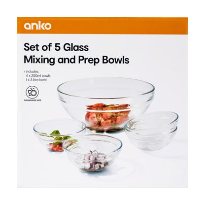 Set of 5 Glass Mixing and Prep Bowls